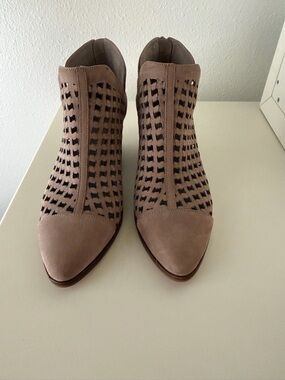 Vince Camuto Taupe Suede Perforated Pointed Toe Booties
